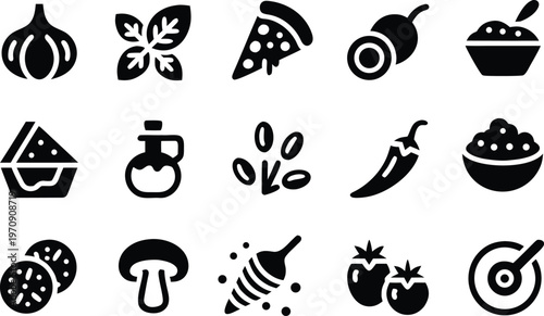 Flat vector illustration of pizza ingredients icons set featuring garlic, basil, pepperoni, mushrooms, tomatoes, olives, chili, and olive oil for culinary design projects.