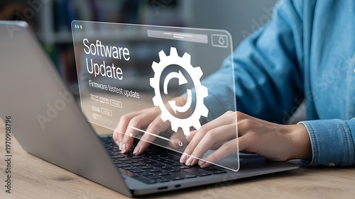 A person using a laptop with a digital overlay showing a system software update notification icon