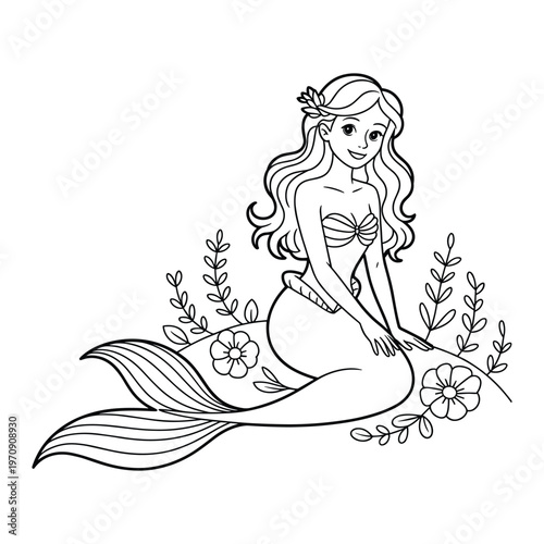 A young woman in a flowing dress surrounded by delicate wildflowers isolated on white background, Vector