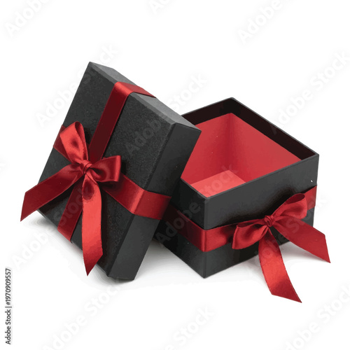 Elegant black gift box with red ribbon and open lid ready for gifting.
