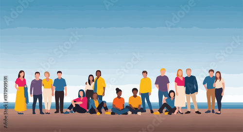 Diverse Group of Young Adults Standing and Sitting Against Blue Sky Background Illustration