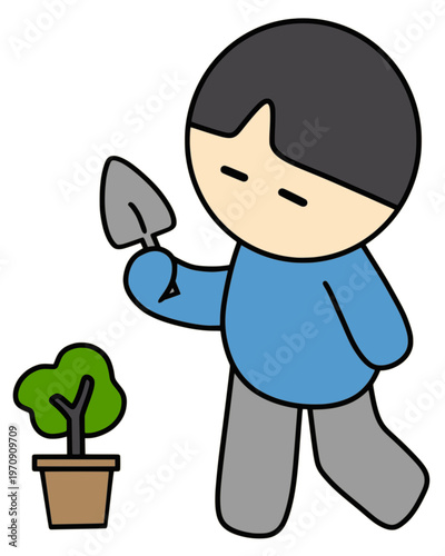 봄 모종과 삽을 든 캐릭터 (벡터, 색상 변경 가능)