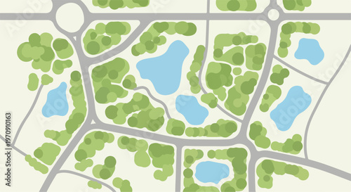 Abstract Top-Down Green City Map with Lakes and Roads