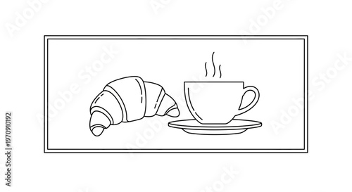 Simple Line Art: Croissant and Steaming Coffee Cup on Saucer