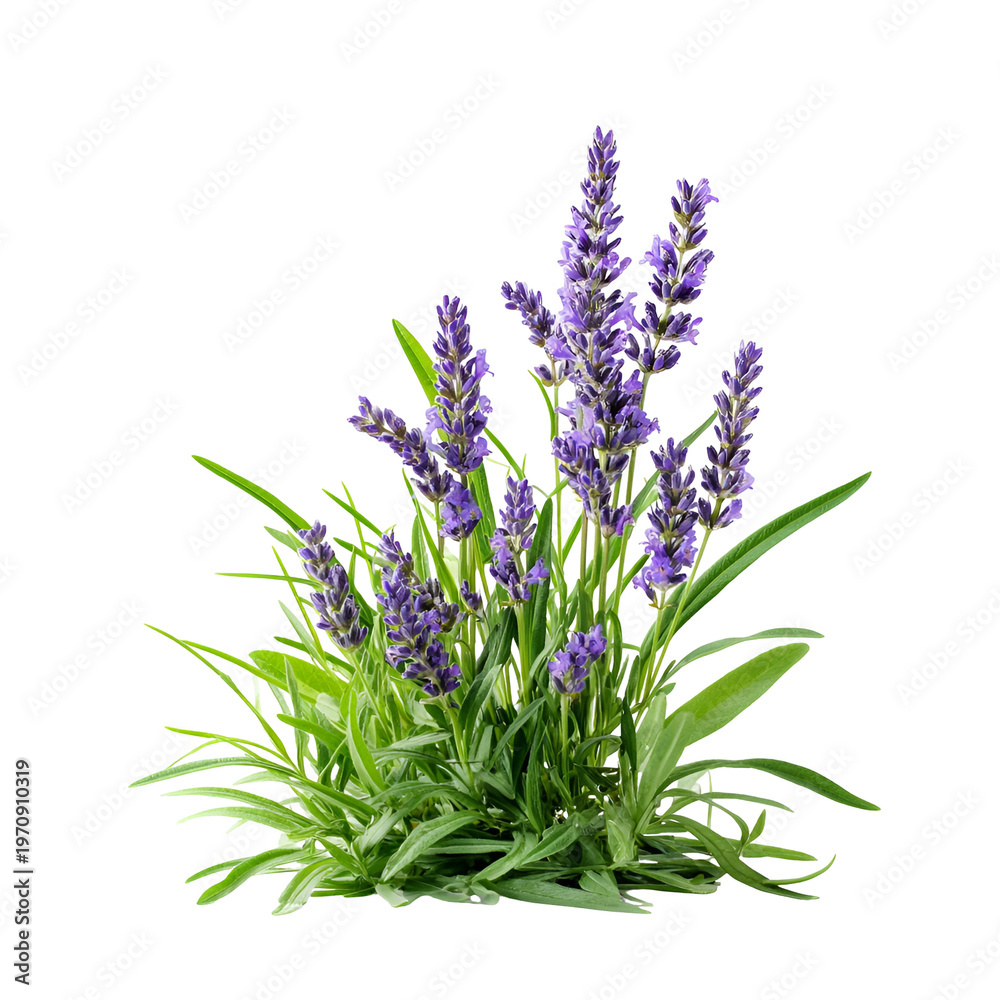 Obraz premium Purple lavender flowers blooming fresh green leaves isolated white background