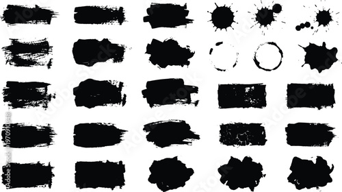 Collection of black brush strokes and splatters on white background for graphic design  various shapes and sizes of ink smudges and smears