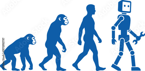 Evolution silhouette illustration showing ape to human progression ending with humanoid robot holding wrench, symbolizing technology advancement, artificial intelligence future