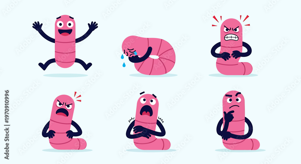 Fototapeta premium Cute Cartoon Worm Character Expressing Various Emotions and Actions