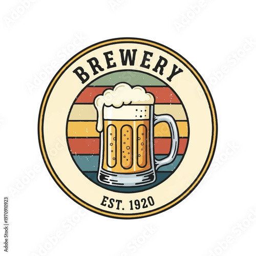 Vintage brewery logo featuring a foamy beer mug with retro circular badge design.