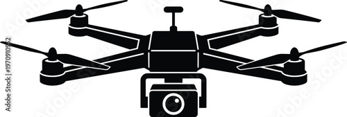Modern quadcopter drone silhouette with mounted camera for aerial photography, videography, technology, surveillance, innovation, isolated black design illustration