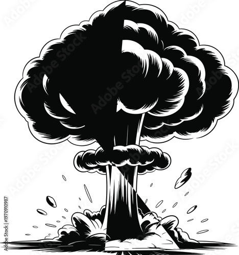  Massive explosion mushroom cloud illustration, nuclear blast concept, destructive power, dramatic smoke rising, catastrophic detonation, bold graphic art, impactful visual design, explosive energy re