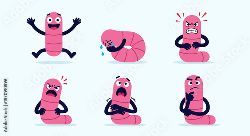 Cute Cartoon Worm Character Expressing Various Emotions and Actions