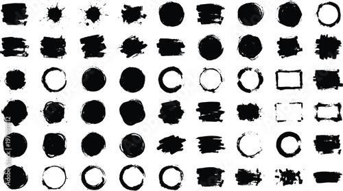 Collection of black brush strokes and shapes on white background for design elements  various circles squares and splatters