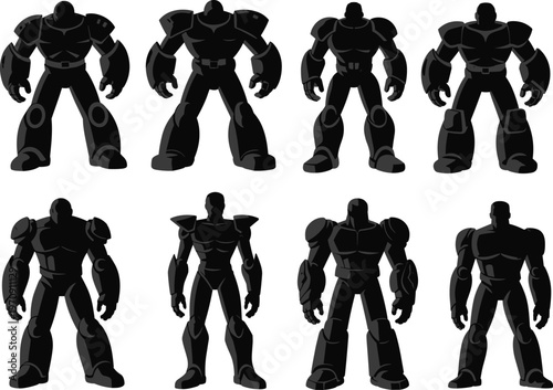 Set of heavy armor robot warrior silhouettes in black vector style for sci-fi gaming character design futuristic soldier and mecha collection