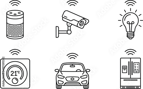 Smart home internet of things line icon set featuring security camera voice assistant smart bulb thermostat connected car and refrigerator wifi technology