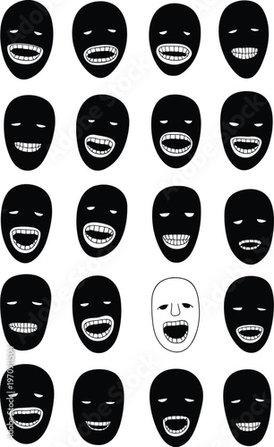 Unique standout face among uniform grid, individuality concept, contrast expression, diversity illustration, distinct identity, difference in crowd, standout character