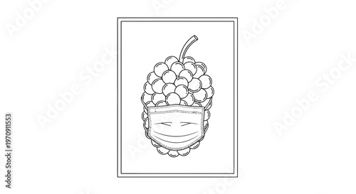 Mulberry Fruit Wearing Medical Face Mask, Healthy Lifestyle Concept, Black and White Line Art