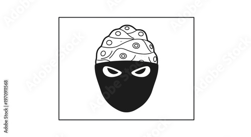 Mysterious Masked Figure with Patterned Headwear - Black and White Icon