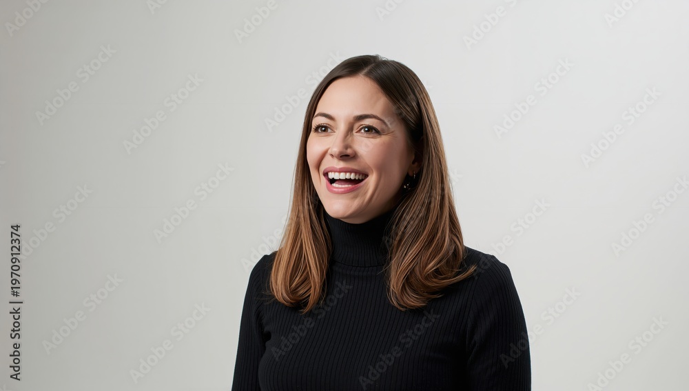 Fototapeta premium Modern studio headshot of smiling woman with simple background