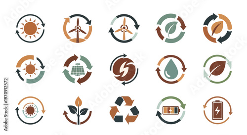 Renewable Energy and Environmental Sustainability Icons Set