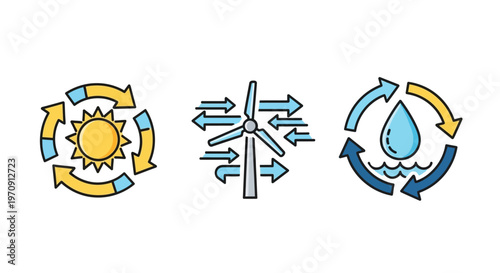 Renewable Energy Icons: Solar, Wind, and Hydro Power Symbols for Sustainable Future