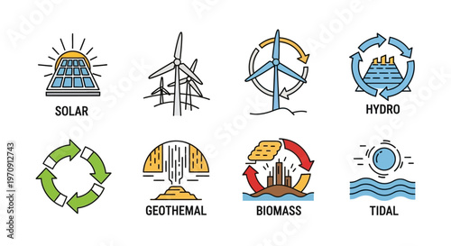 Renewable Energy Sources Icons Set. Solar, Wind, Hydro, Geothermal, Biomass, Tidal Power.