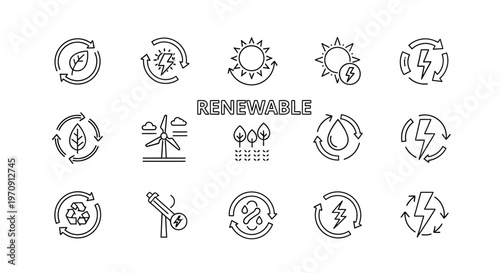 Renewable Energy Line Icons Set: Sustainable Power and Eco-Friendly Technology Symbols
