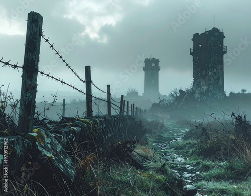 Battlefield with collapsed watchtowers, barbed wire, and foggy horizon, somber tone