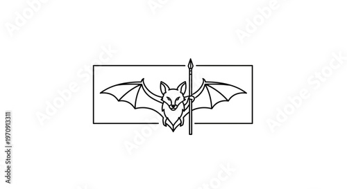 Minimalist Bat Holding Spear Emblem, Geometric Line Art Logo Design