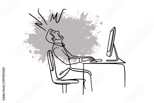 A person at a desk shouting shown in line style on white background expressing the concept of workplace stress and burnout