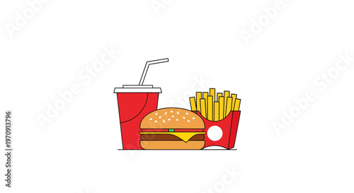 A simple flat vector illustration depicting a hamburger, french fries, and a soda cup, presented on a clean white background