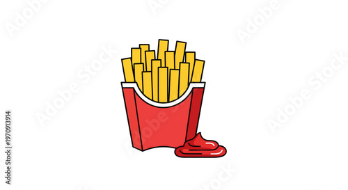 Minimal flat vector icon of golden french fries in a red box, with red ketchup dollop, isolated on white, reflecting a modern simple food design