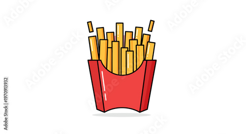 Minimalist flat vector illustration of a red carton filled with golden french fries against a clean white background, modern and simple design