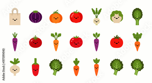 Cute cartoon vegetables and smiling paper bag vector set. Healthy organic food, fresh produce, grocery shopping, vegan diet. Kawaii style.