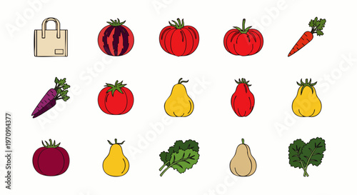 Hand-drawn cartoon style set of fresh organic fruits and vegetables including tomatoes, carrots, pears, and leafy greens, perfect for healthy eating concepts.