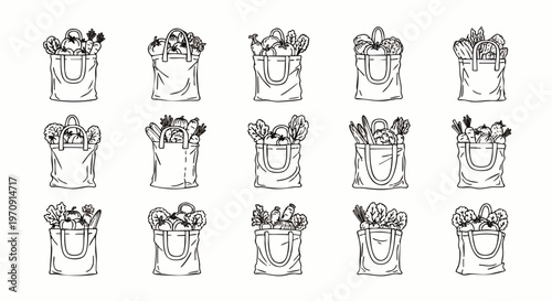 Set of hand-drawn grocery bags filled with fresh produce, fruits, and vegetables, black and white sketch illustration