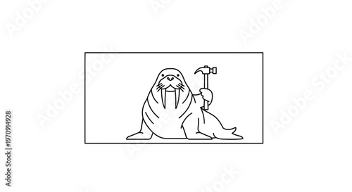 Funny Walrus Holding Hammer, Cartoon Style, Isolated on White Background