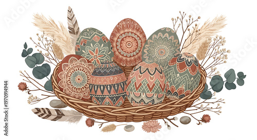 Colorful Easter eggs in a basket.