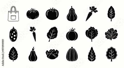 Set of black and white icons representing fresh vegetables, fruits, and an apron, perfect for healthy eating and grocery themes