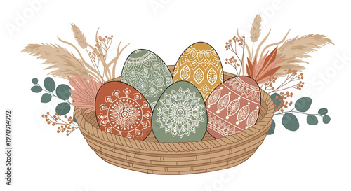 Easter eggs in a basket with flowers.