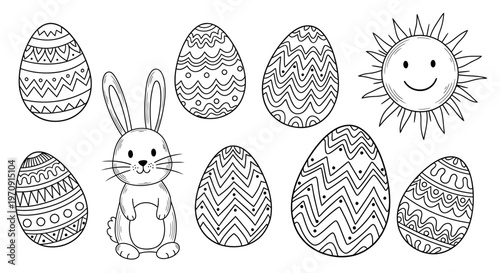 Easter bunny and decorated eggs illustration.