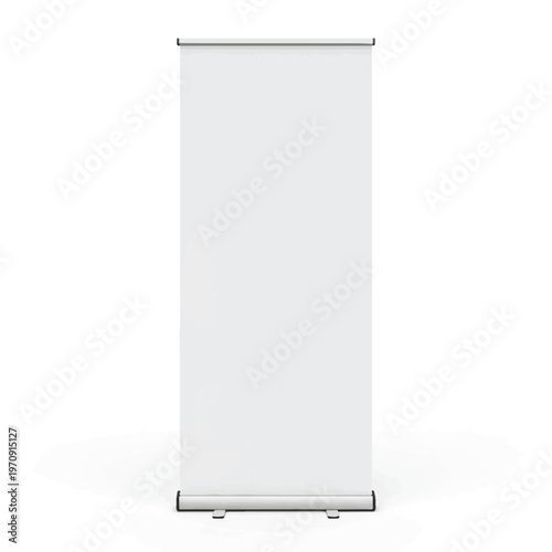 Empty white rollup banner stand for events, trade shows, and exhibitions display solution.