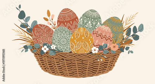 Easter eggs in a wicker basket.