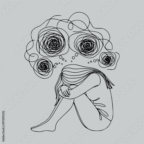 A seated figure with tangled line art above the head in minimalist style on a grey background, expressing mental struggle