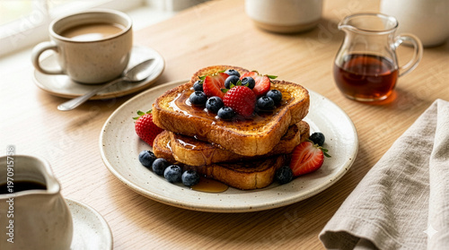 Morning breakfast of French Toast stack on a ceramic plate, generously topped with fresh berries, strawberries, blueberries and glistening maple syrup on a rustic wooden table with soft window sunligh