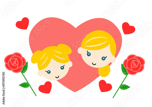 母の日 ハートの中の白人のお母さんと女の子と薔薇