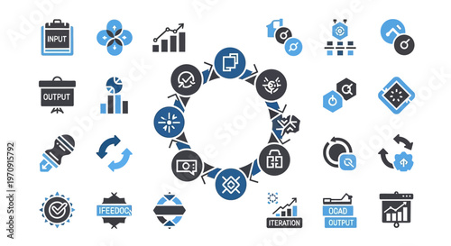 Business Process Workflow Icons Set with Data Analysis and Iteration Concepts