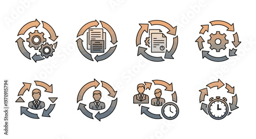 Business Process Workflow Icons Set: Management, Operations, HR, and Time Cycles