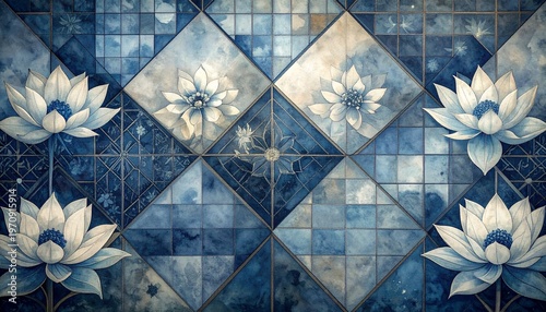 elegant lotus flower batik pattern in muted blue geometric grid design