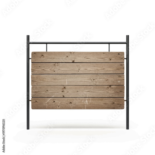 Wooden slat signboard on a metal frame, a rustic outdoor display panel with timber planks.
